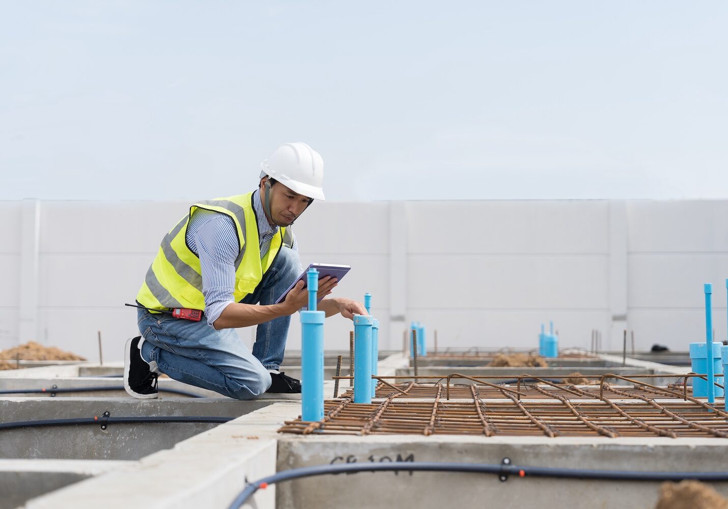 Construction site. Civil engineer. Network of pipes. Plumber. Construction engineer supervising construction work at construction site. Plumber worker working in sewer pipes area at job site